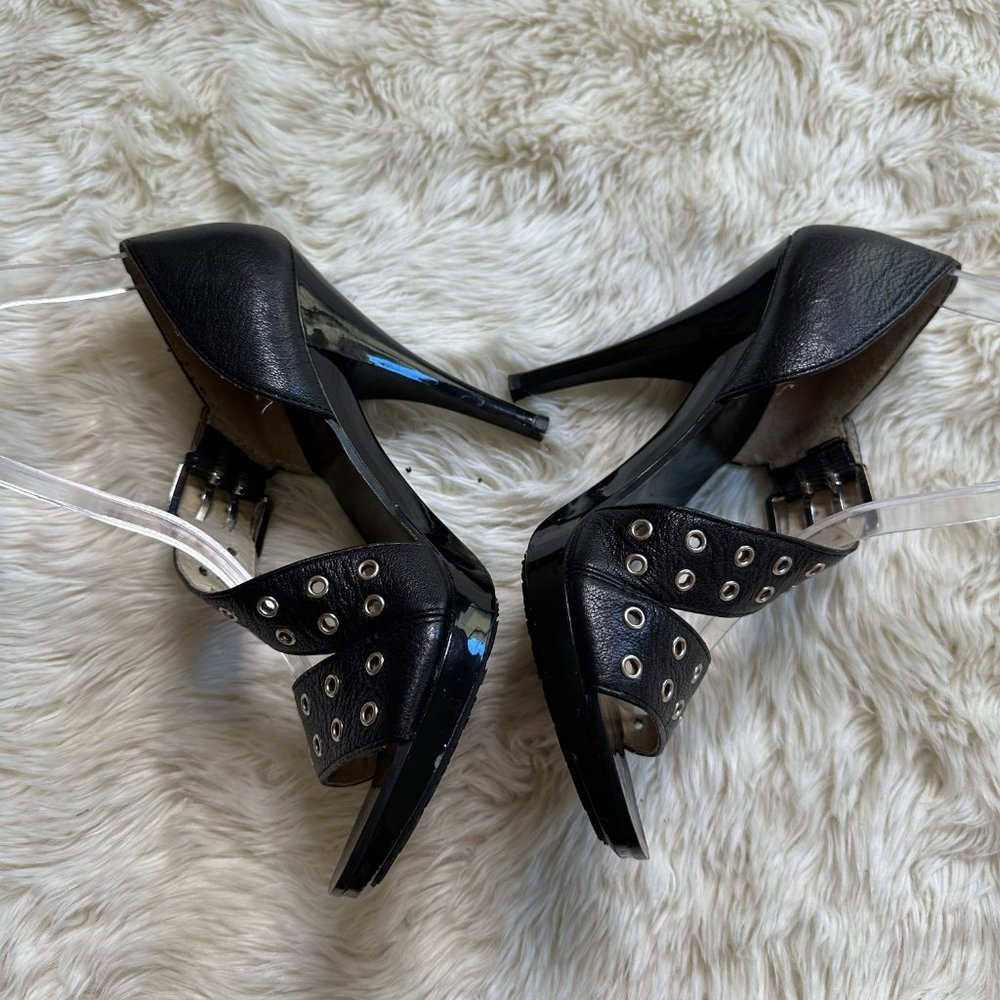 MICHAEL Michael Kors Black Crossover Buckle Open Toe Heels Women's 7.5 - Picture 3 of 6